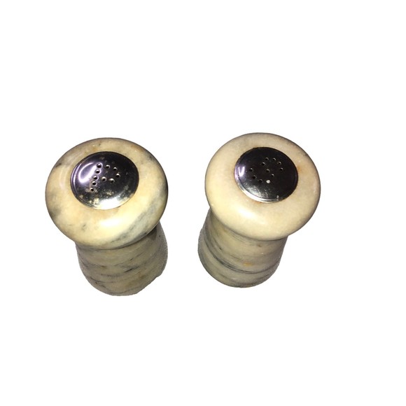 Solid Marble Salt n Pepper Shaker Set w/Stoppers Intact 4” Italian - Picture 3 of 5